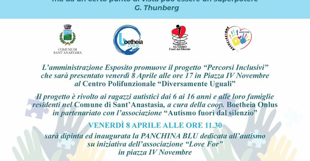 Sant’Anastasia. Sabato 2 aprile si inaugura la “Panchina Blu” per  la Giornata Mondiale per la consapevolezza