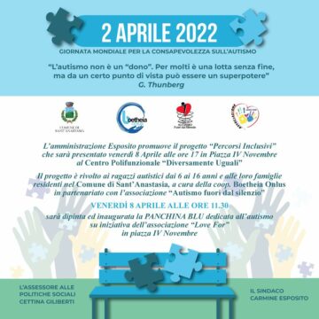 panchina blu Sant’Anastasia. Sabato 2 aprile si inaugura la “Panchina Blu” per la Giornata Mondiale per la consapevolezza