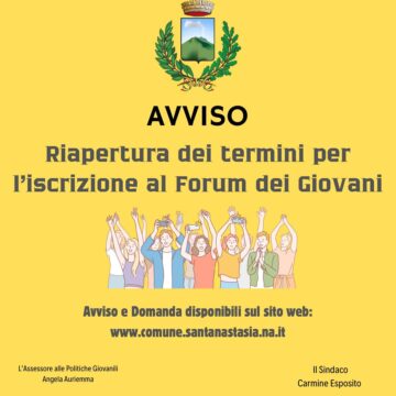 Sant’Anastasia. Forum dei Giovani: aperte le iscrizioni fino al 16 giugno. Parte la campagna di adesione per la consulta dei ragazzi anastasiani