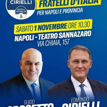 Guido Crosetto domani, 1 novembre, interverrà al Teatro Sannazaro per la presentazione dei candidati al consiglio regionale di Fratelli d’Italia che sosterranno  il candidato presidente della Giunta Regionale Edmondo Cirielli