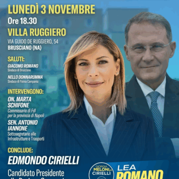Lea Romano (Fratelli d’Italia)  apre la campagna elettorale a Villa Ruggiero di Brusciano il 3 novembre. Presenti Edmondo Cirielli, candidato governatore, il sottosegretario Antonio Iannone e il deputato Marta Schifone